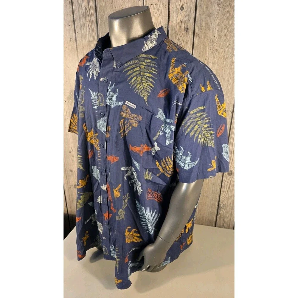 Columbia PFG Bigfoot Fish Print Button Up Shirt Navy 6XL Regular Fit